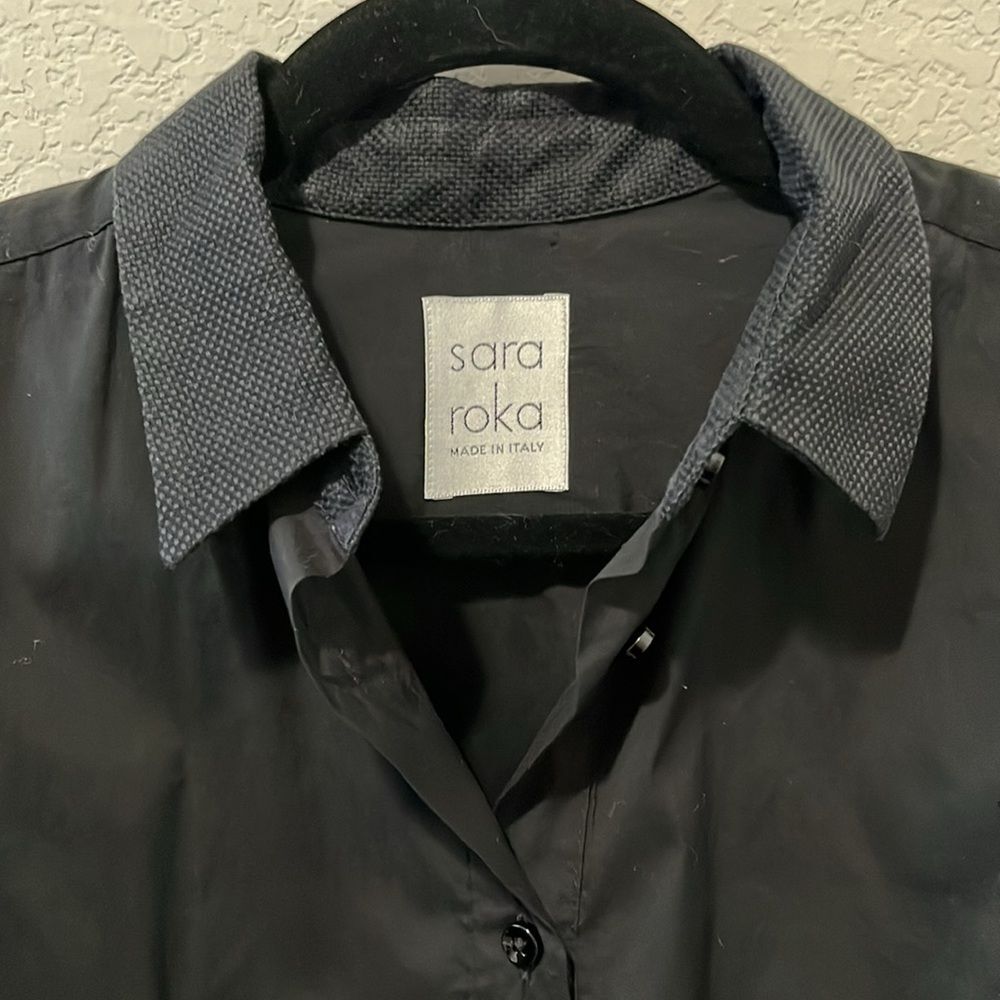 SARA ROKA Black Button Down Mini Shirtdress, Ruched Sides, Size 40(IT), S/4(US) - Picture 6 of 10